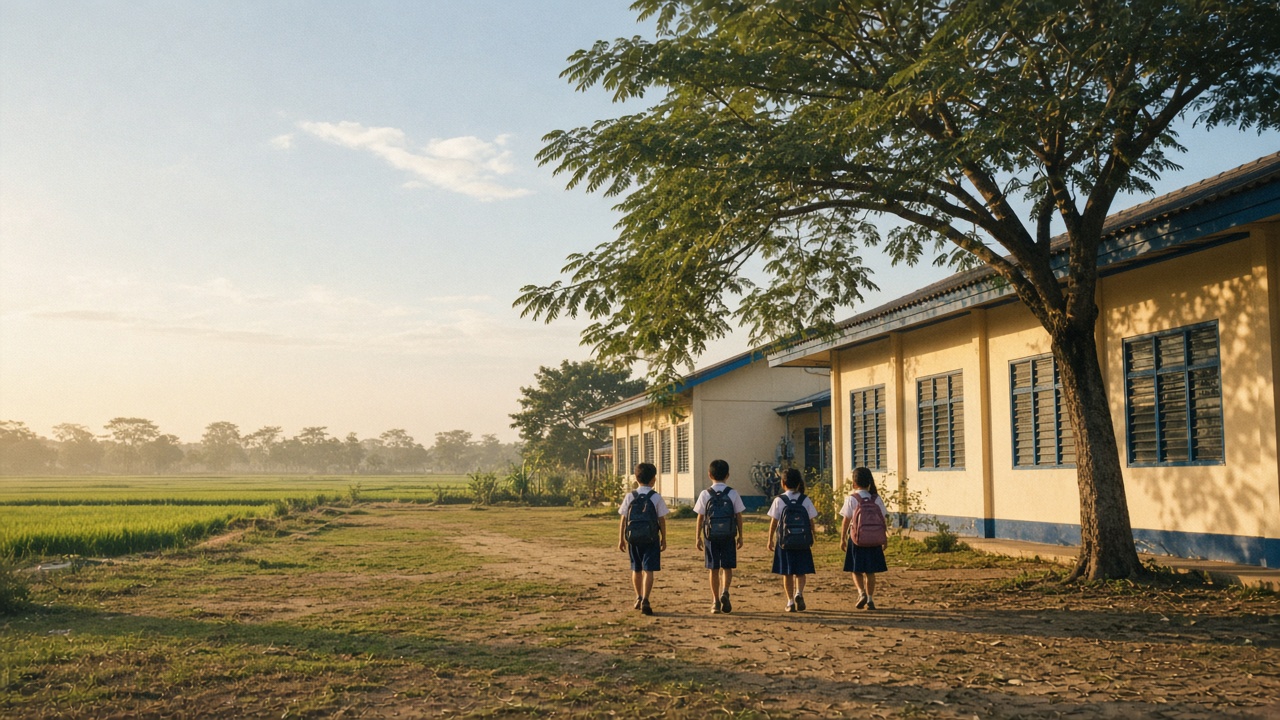 Pupils outside the school building